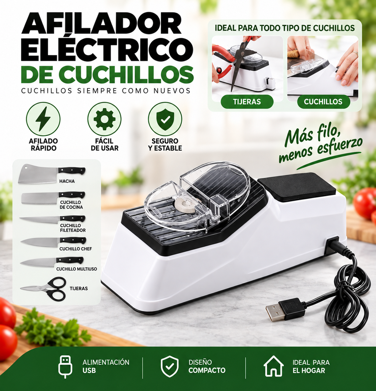 CutLikeaPro® — Afilador Eléctrico Multifuncional 3 en 1 — Cuchillos y Tijeras