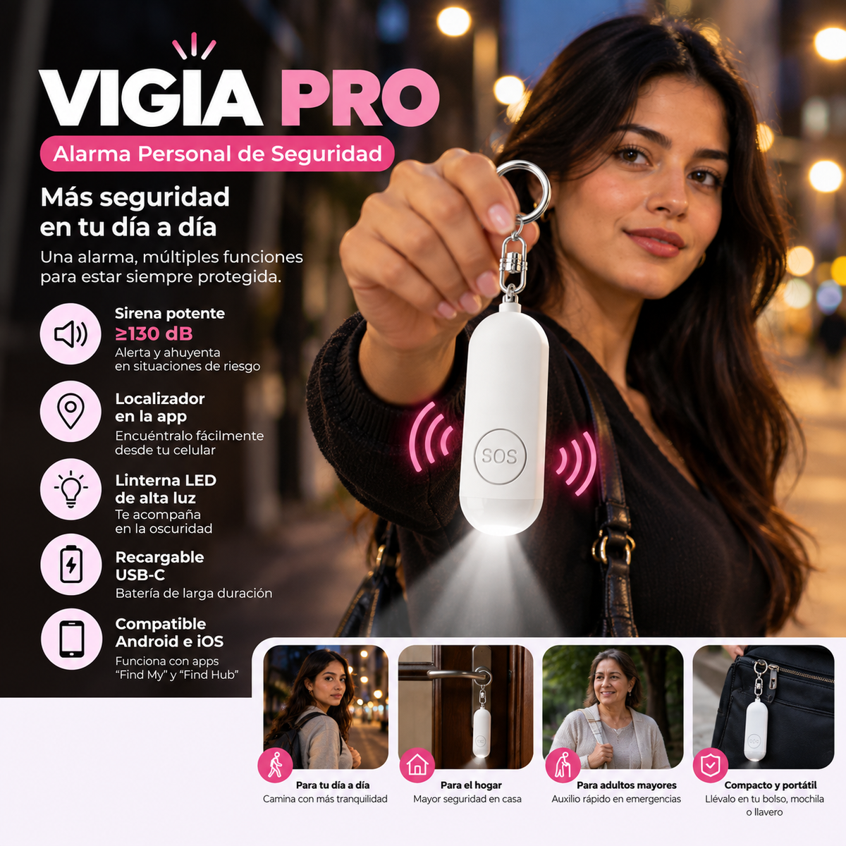VIGÍA PRO - Alarma Personal de Seguridad con Sirena, Linterna y Localizador (TIKTOK)