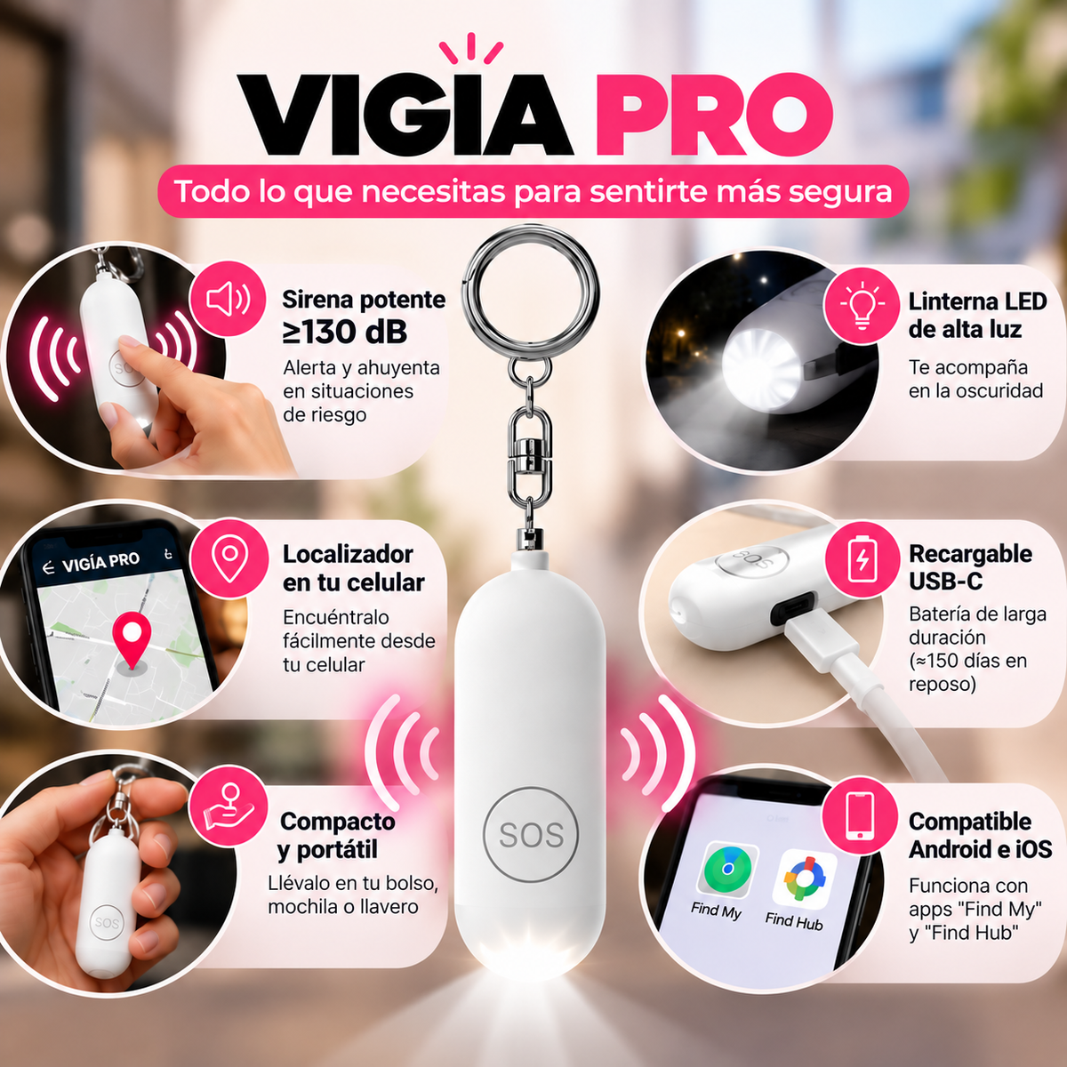 VIGÍA PRO - Alarma Personal de Seguridad con Sirena, Linterna y Localizador (TIKTOK)