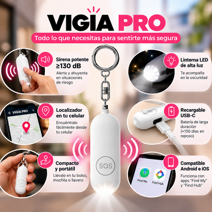 VIGÍA PRO - Alarma Personal de Seguridad con Sirena, Linterna y Localizador (TIKTOK)
